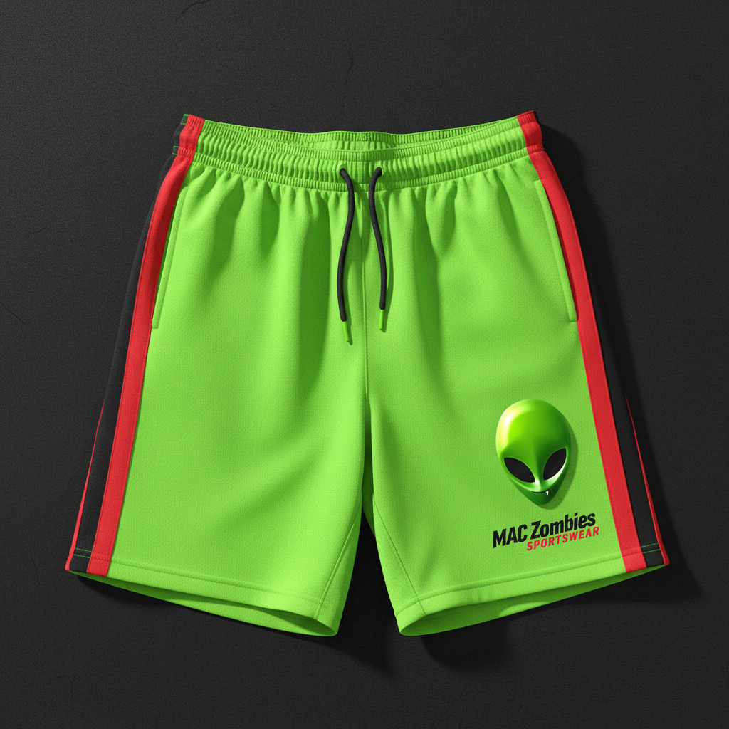 MAC Zombies Performance Shorts with alien mascot logo